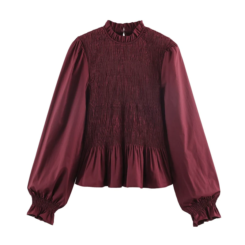Damen Bluse mit Smok-Detail, Rüschenkragen und Volumenärmeln Drune