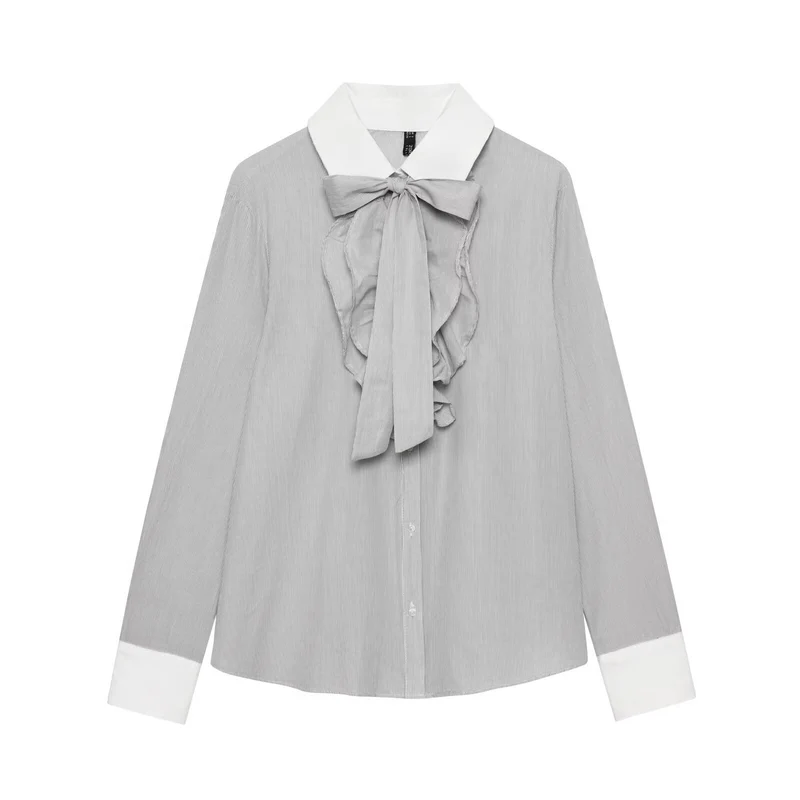 Damen Bluse mit Schleifenkragen und Rüschenblende Drune