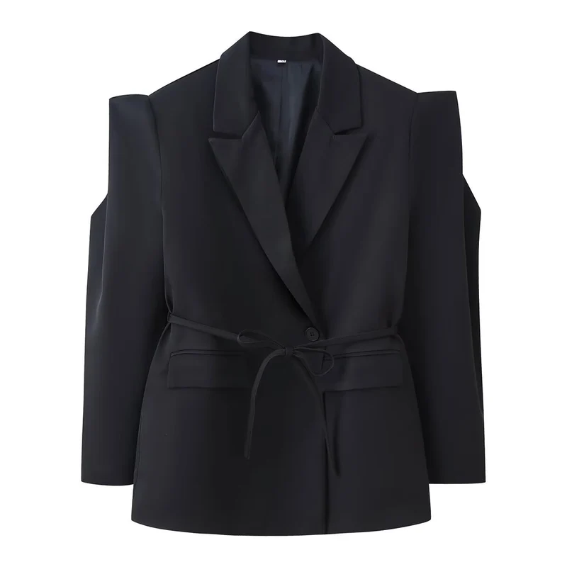 Damen Blazer mit Cut-Out‑Schultern, Taillengürtel und Pattentaschen Drune