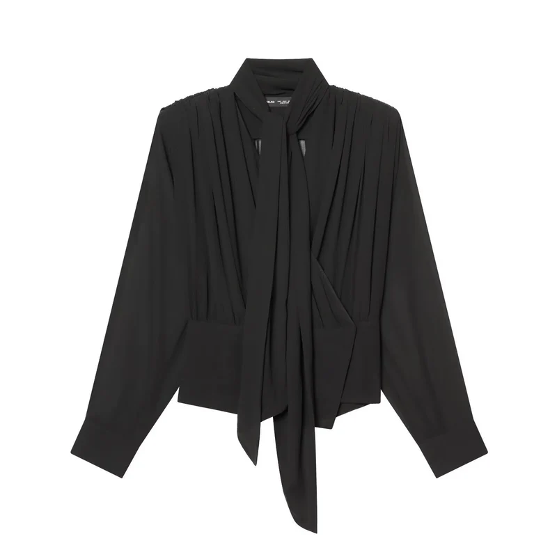 Damen Bindebluse mit Plissee-Details und Schluppe Drune