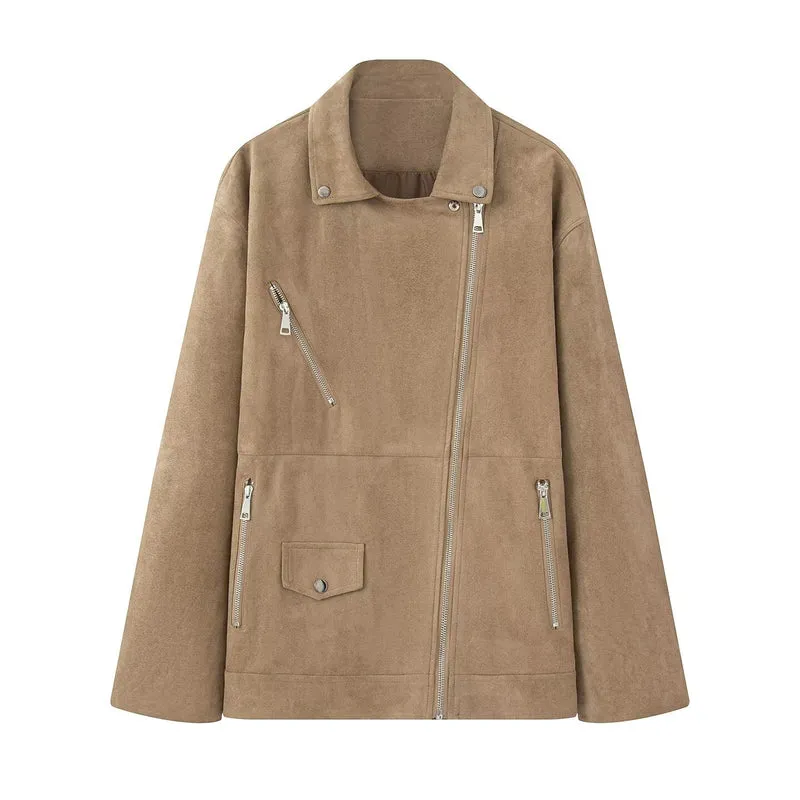 Damen Bikerjacke im Oversized Wildlederoptik mit asymmetrischem Reißverschluss Drune