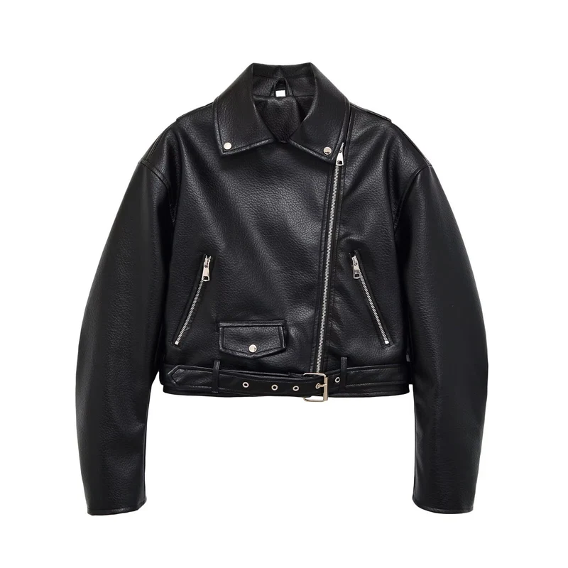 Damen Bikerjacke aus veganem Lederimitat mit asymmetrischem Reißverschluss und Taillengürtel Drune