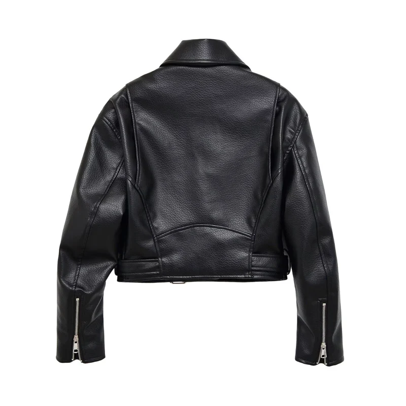 Damen Bikerjacke aus veganem Lederimitat mit asymmetrischem Reißverschluss und Taillengürtel Drune