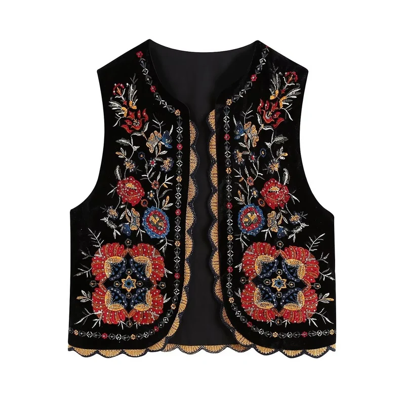 Damen Bestickte Samtweste mit folklorischer Perlenstickerei und gewelltem Saum Drune