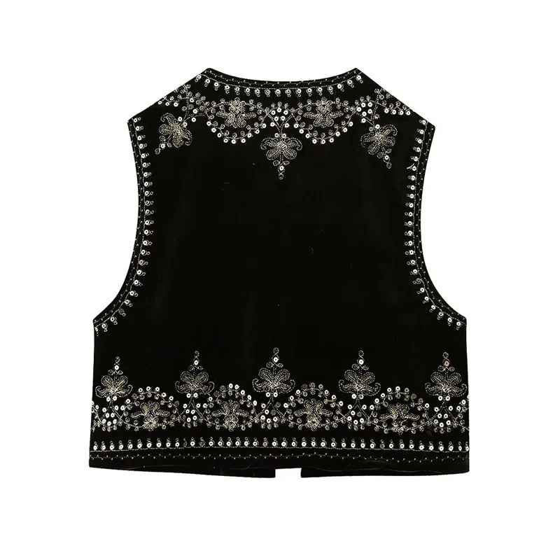 Damen Bestickte Samt-Cropped-Weste mit Perlen- und Paillettenbesatz Drune