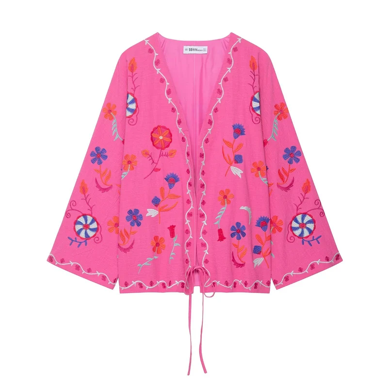 Damen Bestickte Kimono-Jacke mit Bindeband und Blumenapplikation Drune