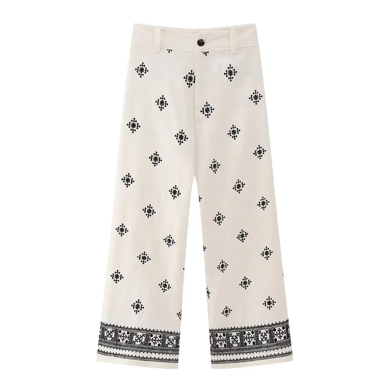 Damen Bestickte Culotte-Hose mit weitem Bein und Bordürenprint Drune