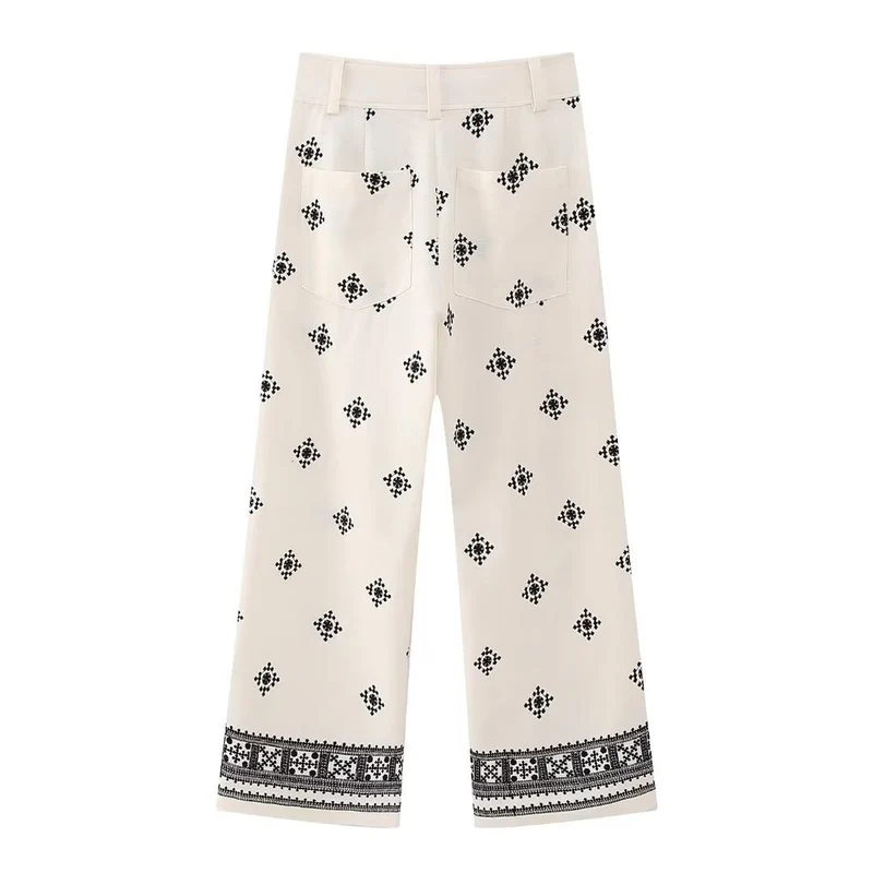 Damen Bestickte Culotte-Hose mit weitem Bein und Bordürenprint Drune