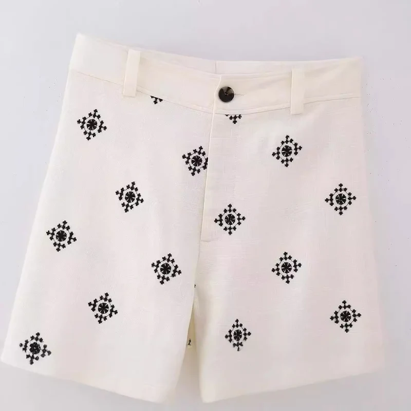 Damen Bestickte Culotte-Hose mit weitem Bein und Bordürenprint Drune