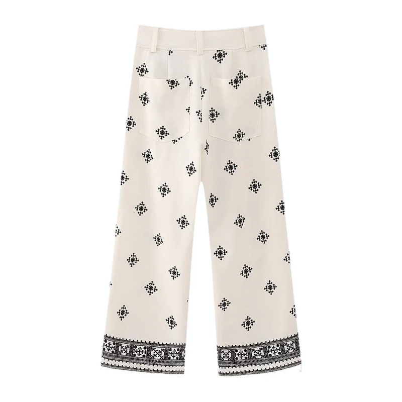Damen Bestickte Culotte-Hose mit weitem Bein und Bordürenprint Drune
