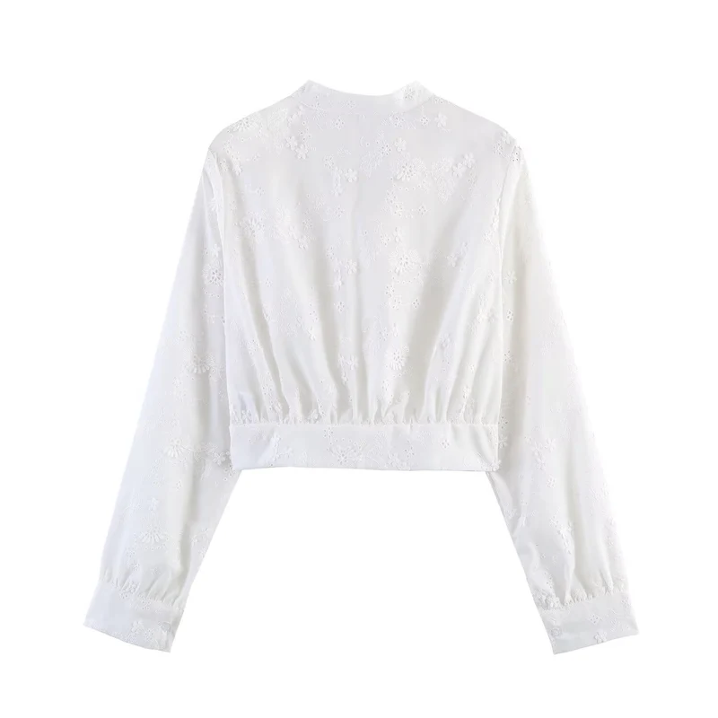 Damen Bestickte Cropped-Bluse mit Stehkragen, Lochstickerei und tailliertem Bund Drune