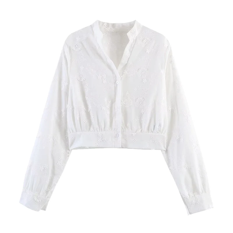 Damen Bestickte Cropped-Bluse mit Stehkragen, Lochstickerei und tailliertem Bund Drune