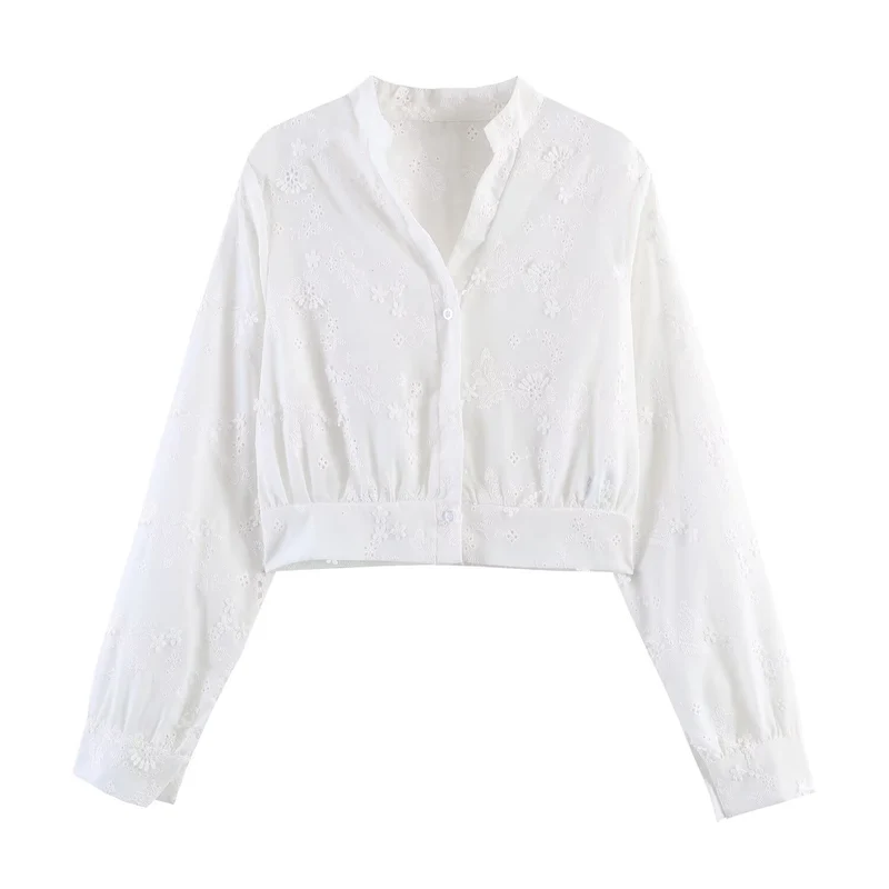 Damen Bestickte Cropped-Bluse mit Stehkragen, Lochstickerei und tailliertem Bund Drune