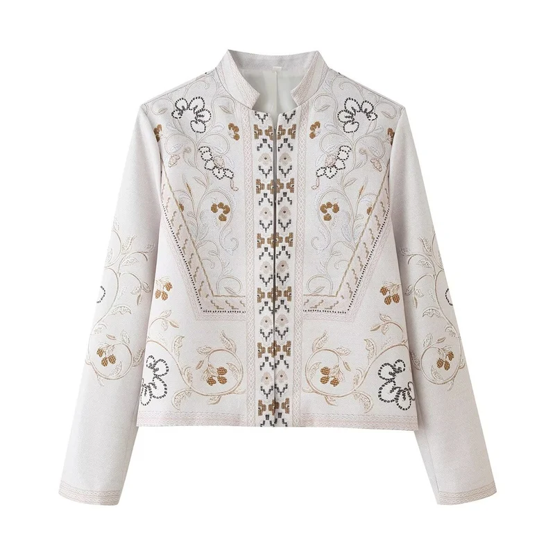 Damen Bestickte Boxy-Jacke mit Stehkragen und floraler Stickerei Drune