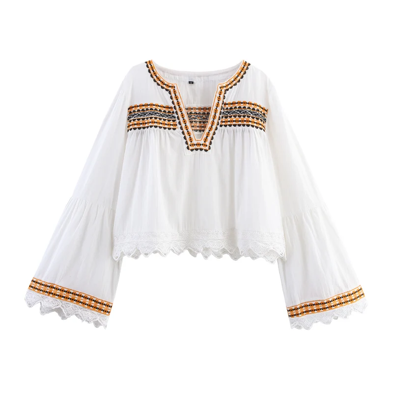 Damen Bestickte Boho-Bluse mit weiten Glockenärmeln und Spitzensaum Drune