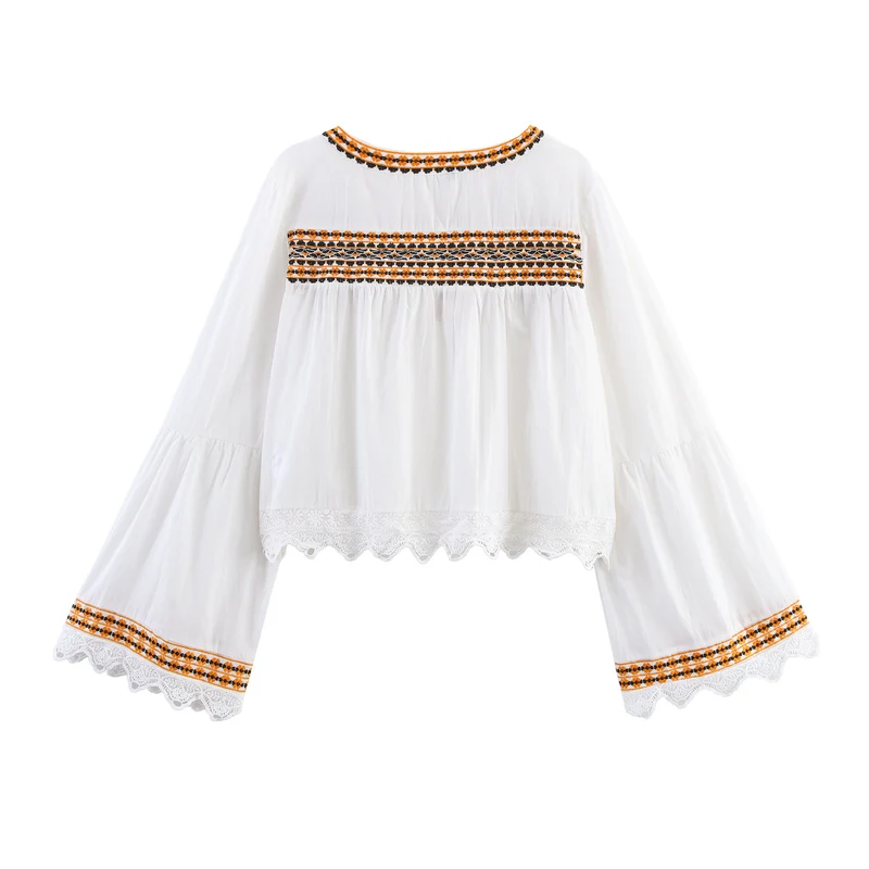Damen Bestickte Boho-Bluse mit weiten Glockenärmeln und Spitzensaum Drune