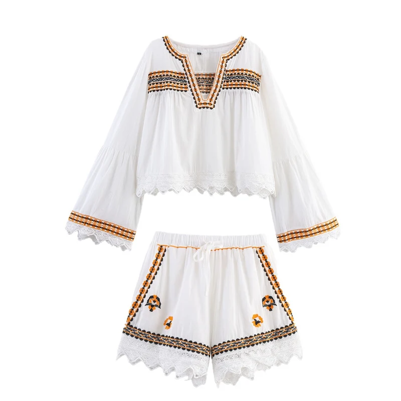 Damen Bestickte Boho-Bluse mit weiten Glockenärmeln und Spitzensaum Drune