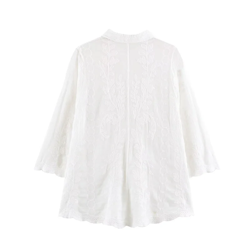 Damen Bestickte Baumwollbluse mit Lochstickerei und dreiviertelärmeln Drune