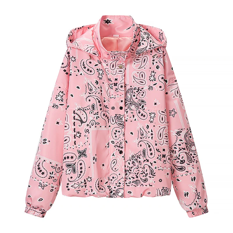 Damen Bedruckte Kapuzen-Übergangsjacke mit Bandana‑Print und Kängurutasche Drune