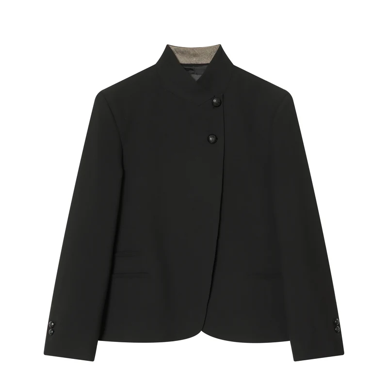 Damen Asymmetrischer Kurzblazer mit Stehkragen und dekorativen Knöpfen Drune
