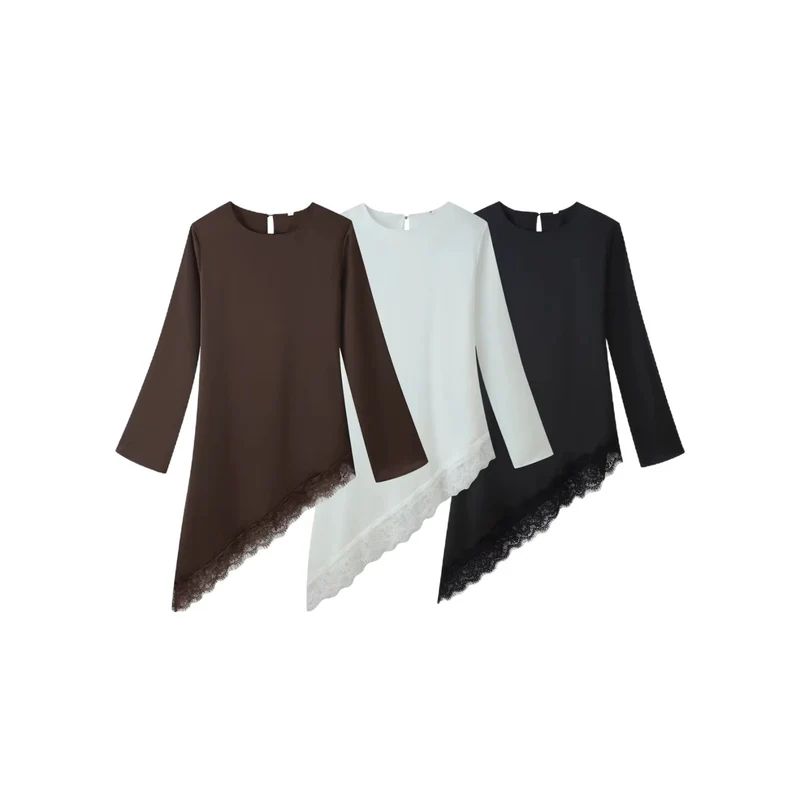 Damen Asymmetrische Tunika mit Spitzensaum und Langarm Drune