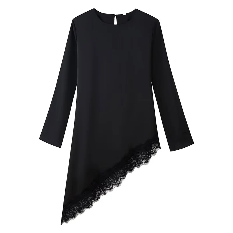 Damen Asymmetrische Tunika mit Spitzensaum und Langarm Drune