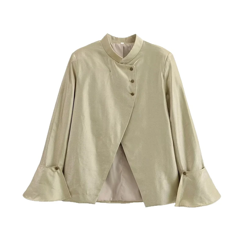 Damen Asymmetrische Satin-Bluse-Jacke mit Mandarinkragen und Glockenärmeln Drune