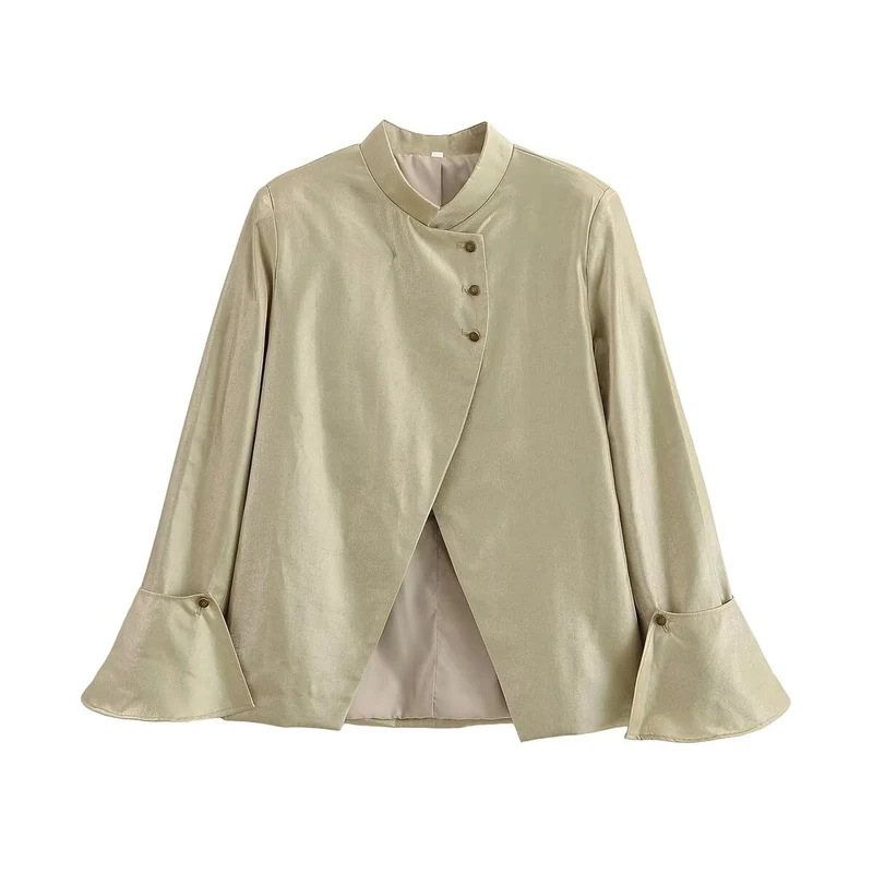 Damen Asymmetrische Satin-Bluse-Jacke mit Mandarinkragen und Glockenärmeln Drune