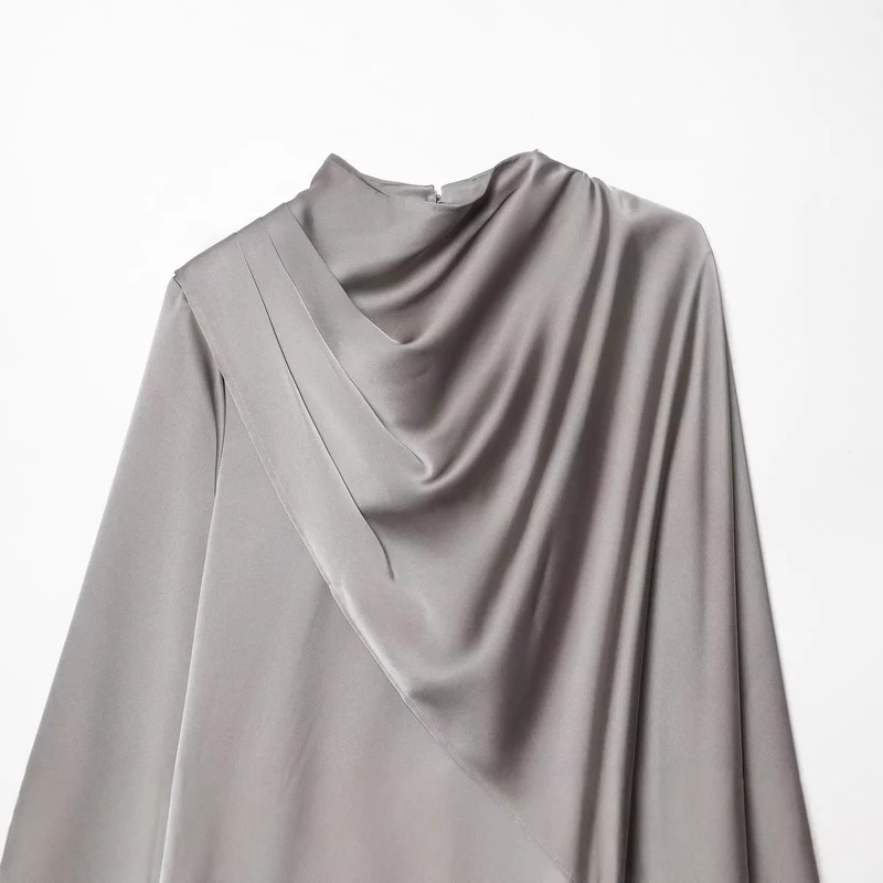 Damen Asymmetrische Drapierte Satinbluse mit Wasserfallkragen Drune