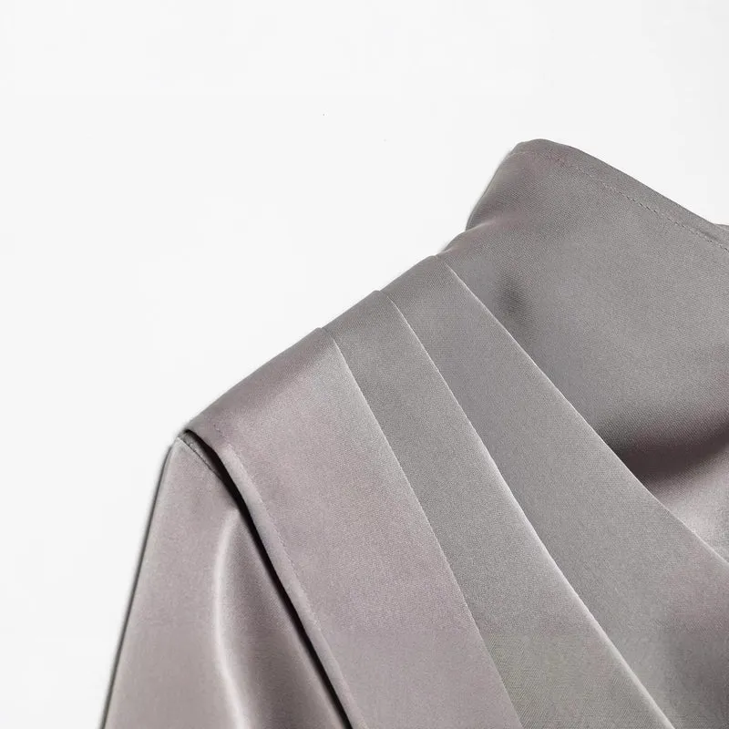 Damen Asymmetrische Drapierte Satinbluse mit Wasserfallkragen Drune