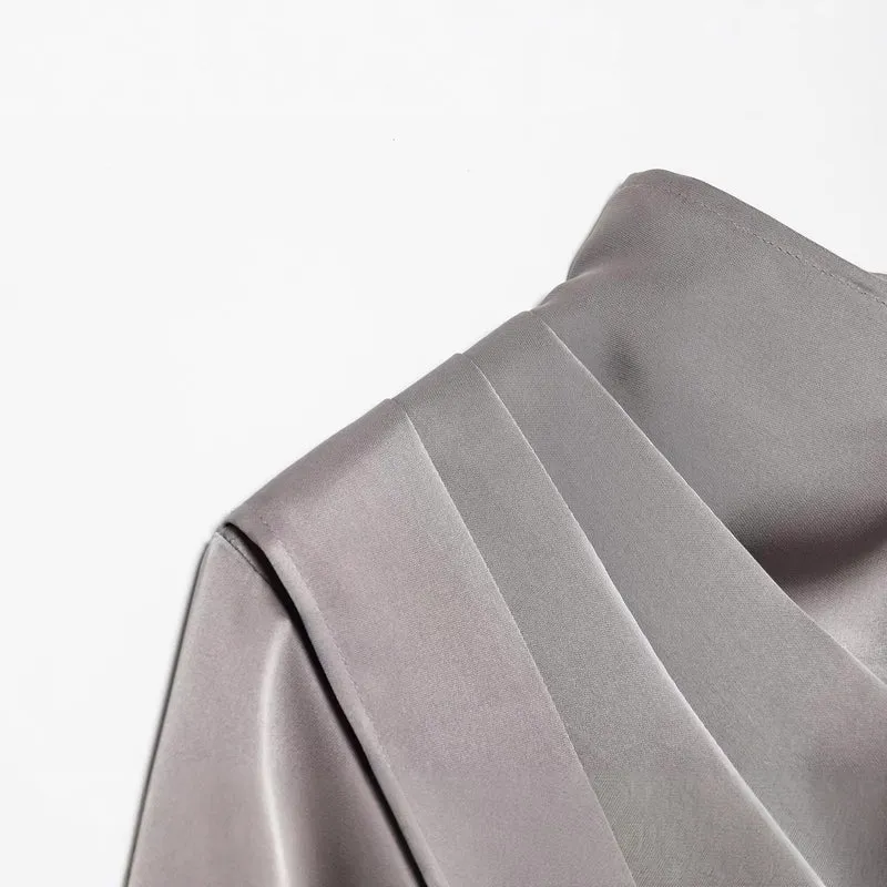 Damen Asymmetrische drapierte Satinbluse mit Wasserfallkragen Drune