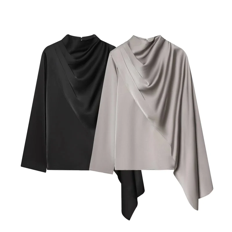 Damen Asymmetrische drapierte Satinbluse mit Wasserfallkragen Drune