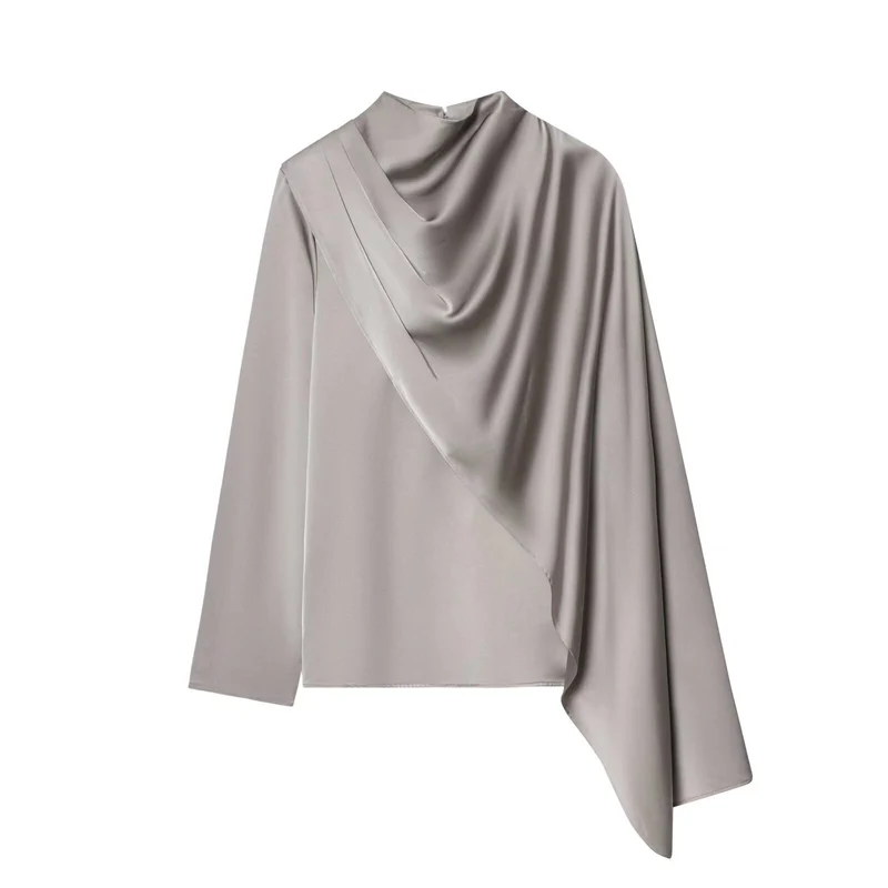 Damen Asymmetrische drapierte Satinbluse mit Wasserfallkragen Drune