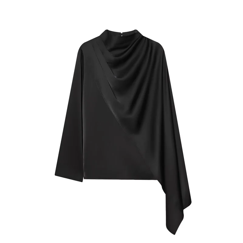 Damen Asymmetrische drapierte Satinbluse mit Wasserfallkragen Drune