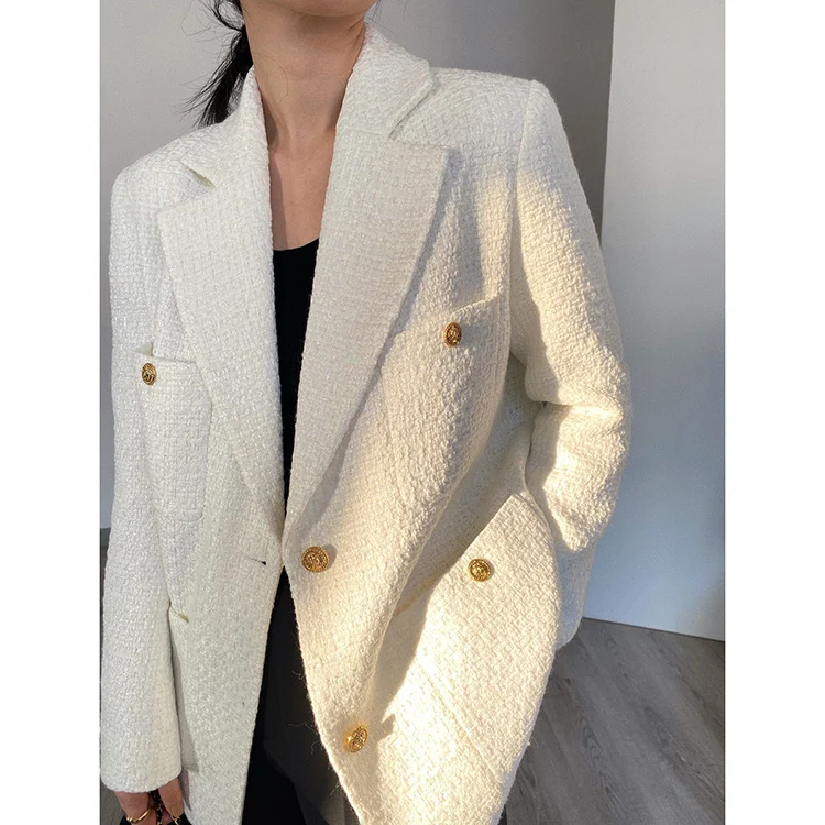 Damen Eleganter Tweed Blazer mit goldenen Knöpfen Drune