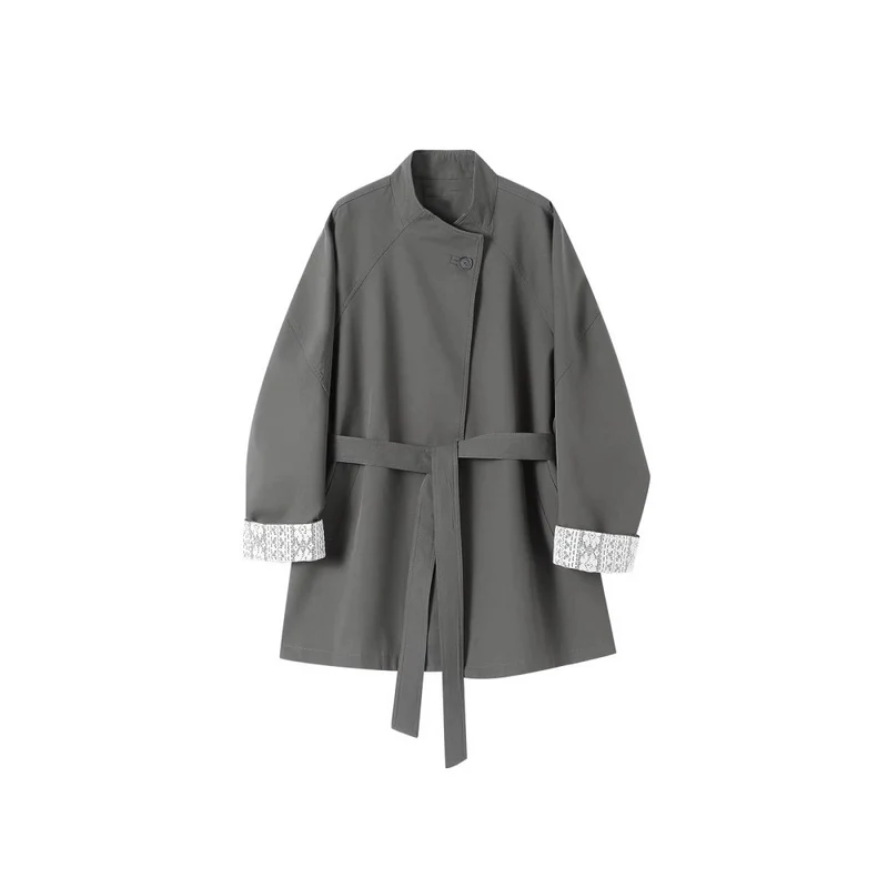 Damen Eleganter Trenchcoat mit Taillengürtel und Kontrastärmel Drune