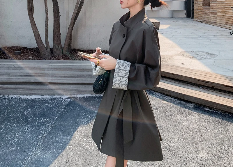Damen Eleganter Trenchcoat mit Taillengürtel und Kontrastärmel Drune