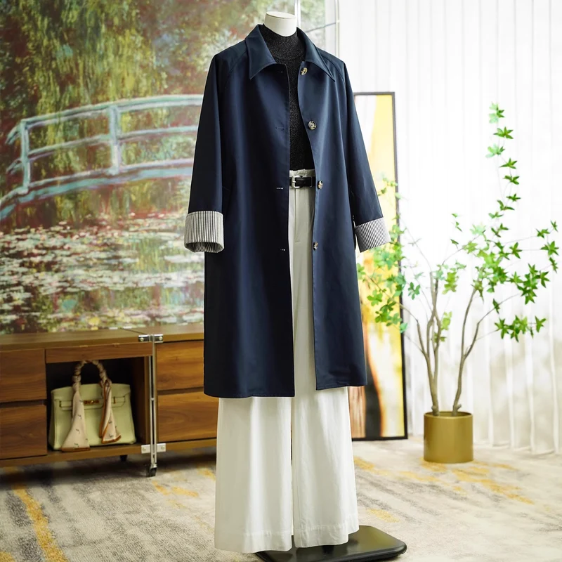 Damen Eleganter Trenchcoat mit Kontrastdetails Drune