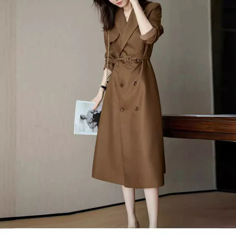Damen Eleganter Trenchcoat mit doppelter Knopfleiste und Taillengürtel Drune