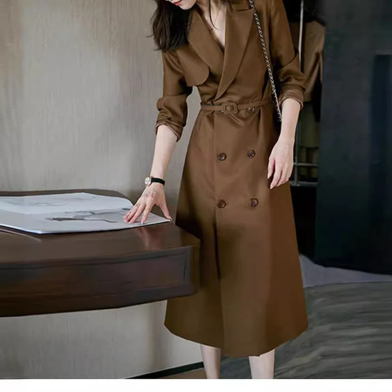 Damen Eleganter Trenchcoat mit doppelter Knopfleiste und Taillengürtel Drune