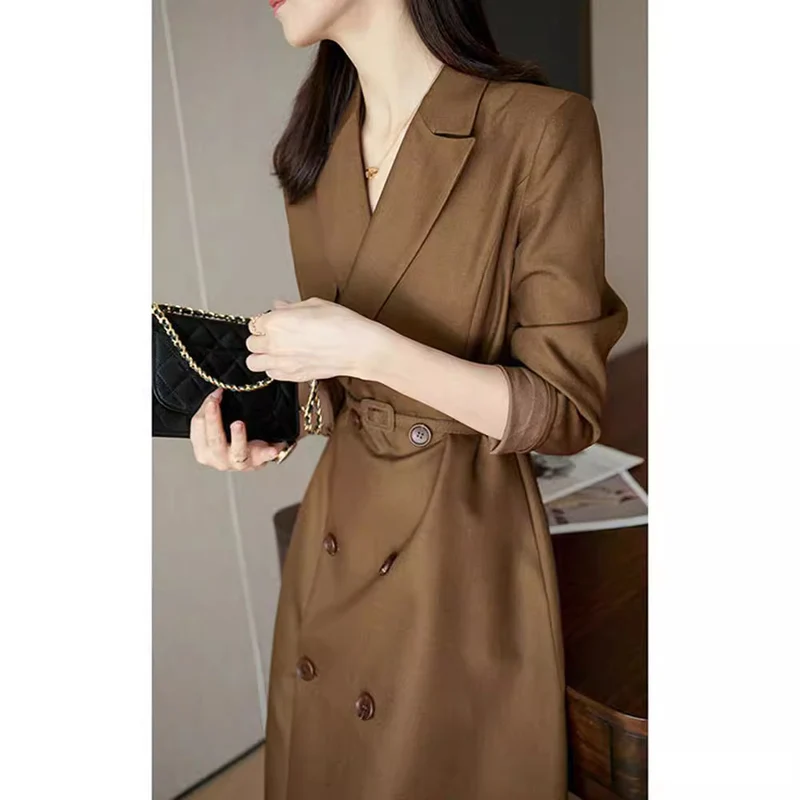 Damen Eleganter Trenchcoat mit doppelter Knopfleiste und Taillengürtel Drune