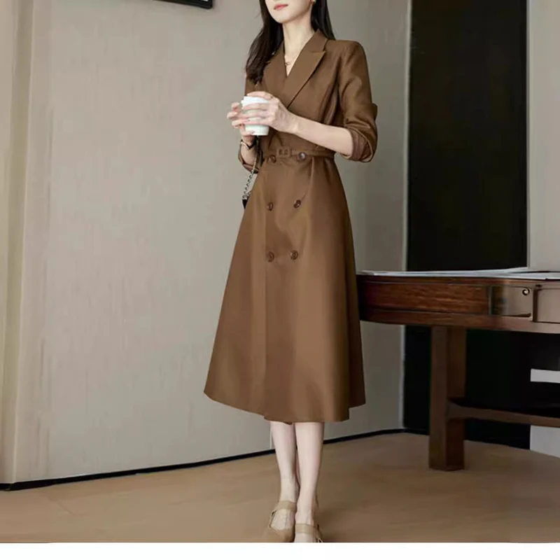 Damen Eleganter Trenchcoat mit doppelter Knopfleiste und Taillengürtel Drune