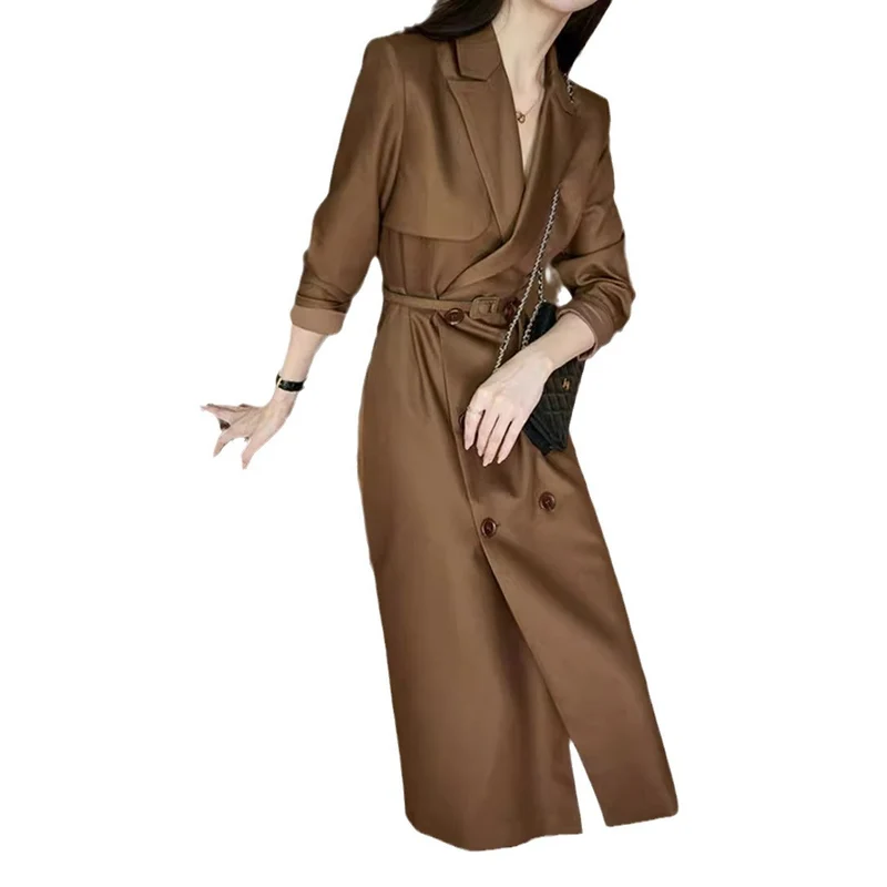 Damen Eleganter Trenchcoat mit doppelter Knopfleiste und Taillengürtel Drune