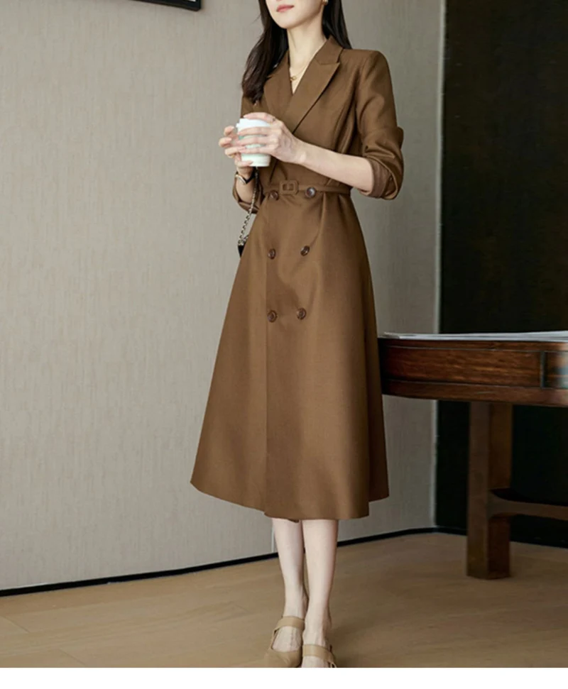 Damen Eleganter Trenchcoat mit doppelter Knopfleiste und Taillengürtel Drune