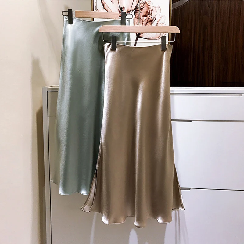 Damen Eleganter Satinrock mit asymmetrischem Schlitz Drune