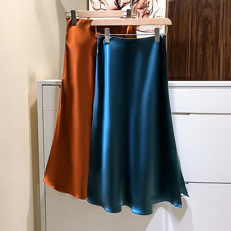 Damen Eleganter Satinrock mit asymmetrischem Schlitz Drune