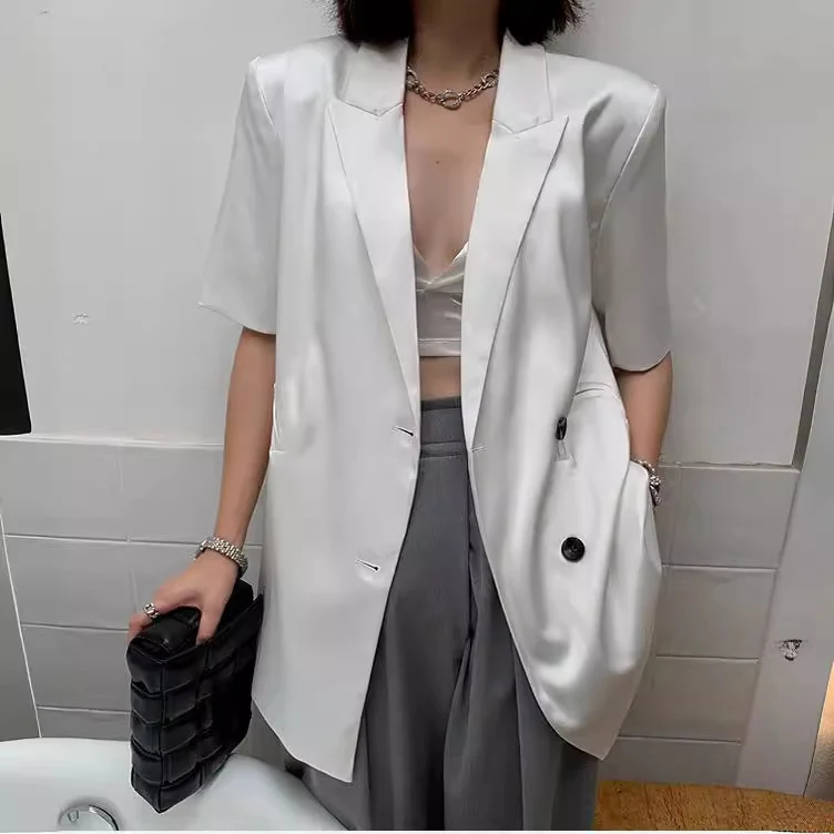 Damen Eleganter Satin-Blazer mit doppelter Knopfleiste Drune