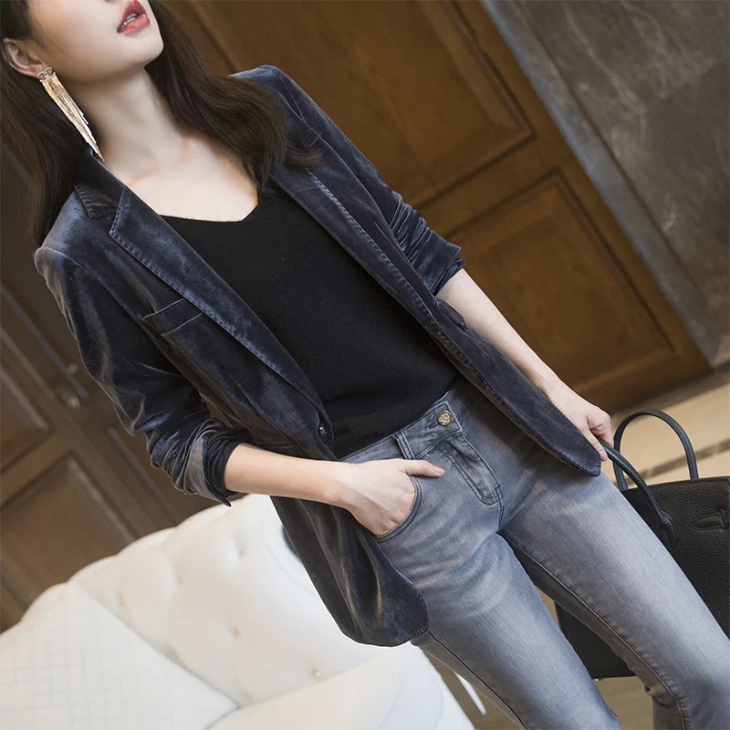 Damen Eleganter Samtblazer mit schmalem Schnitt Drune