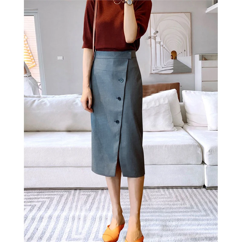 Damen Eleganter Midirock mit Knopfdetail und Taillengürtel Drune