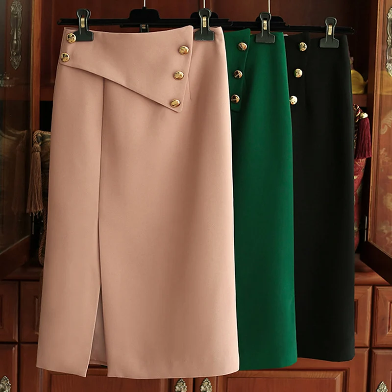Damen Eleganter Midirock mit asymmetrischem Schnitt und Goldknöpfen Drune